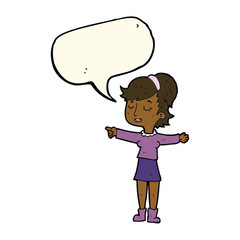 cartoon happy woman pointing with speech bubble