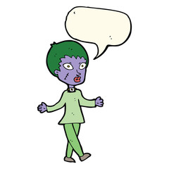 cartoon halloween zombie woman with speech bubble