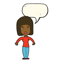 cartoon woman shrugging shoulders with speech bubble