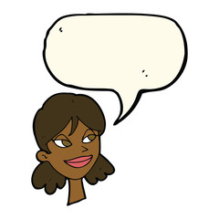 cartoon happy female face with speech bubble