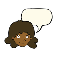cartoon happy female face with speech bubble