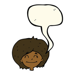 cartoon happy female face with speech bubble