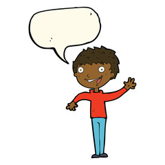 cartoon happy boy waving with speech bubble