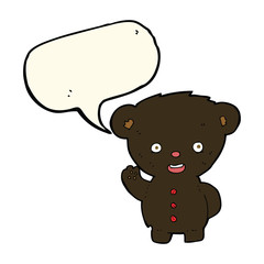 cartoon waving black bear cub with speech bubble