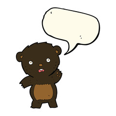cartoon waving black bear cub with speech bubble