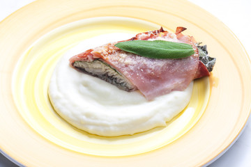 fillet of trout with sage roasted in the Prague Ham with mashed