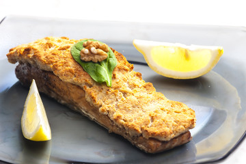 marinated salmon with walnut eschar
