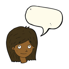 cartoon happy female face with speech bubble