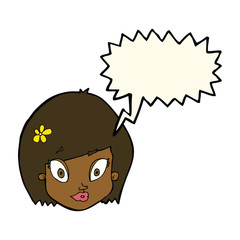 cartoon happy female face with speech bubble