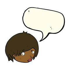 cartoon female face with raised eyebrow with speech bubble