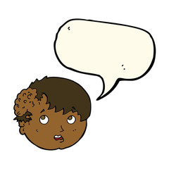 cartoon boy with ugly growth on head with speech bubble