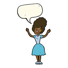 cartoon happy 1950's woman with speech bubble