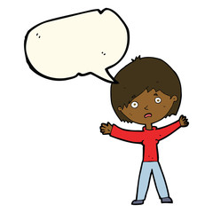 cartoon worried woman with speech bubble