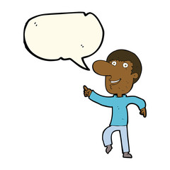 cartoon happy man dancing with speech bubble