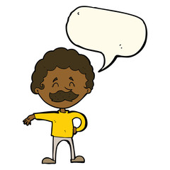 cartoon man making camp gesture with speech bubble