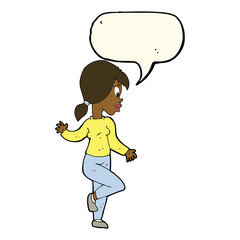 cartoon woman waving with speech bubble