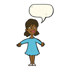 cartoon woman with open arms with speech bubble