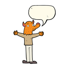 cartoon friendly fox person with speech bubble