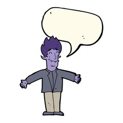 cartoon happy vampire with speech bubble