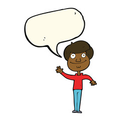 cartoon happy man waving with speech bubble