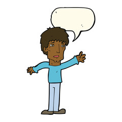 cartoon worried man reaching out with speech bubble
