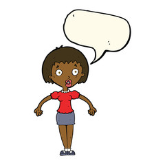 cartoon confused woman shrugging shoulders with speech bubble
