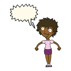 cartoon excited woman with speech bubble