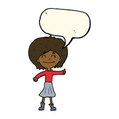 cartoon happy girl giving thumbs up symbol with speech bubble