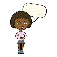 cartoon bored woman waiting with speech bubble