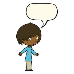 cartoon woman shrugging shoulders with speech bubble