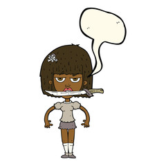 cartoon woman with knife between teeth with speech bubble