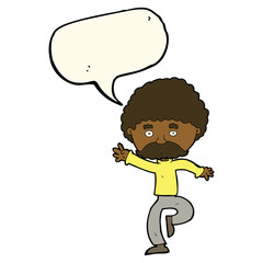 cartoon mustache man disco dancing with speech bubble
