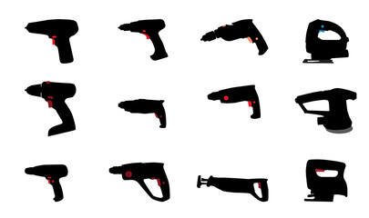 Drill, Jig Saw and other Power Tools. Vector Illustration.