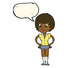 cartoon pretty woman with hands on hips with speech bubble