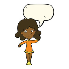 cartoon friendly woman waving with speech bubble