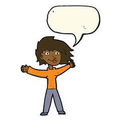 cartoon excited woman waving with speech bubble