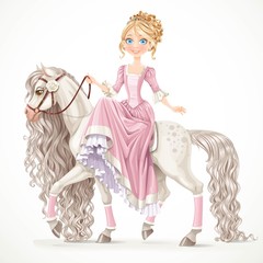 Cute princess on a white horse with a long mane isolated on a wh © Azuzl