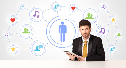 Business man with social media connection background
