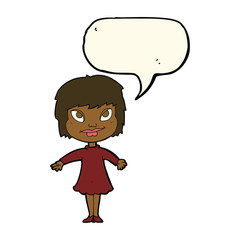 cartoon girl shrugging shoulders with speech bubble