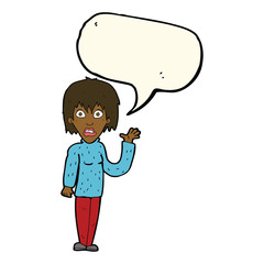 cartoon shocked woman waving hand with speech bubble