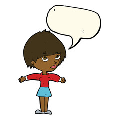 cartoon woman with open arms with speech bubble