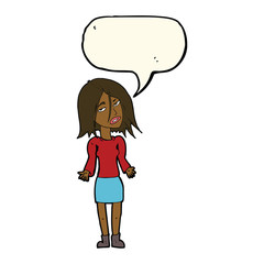 cartoon woman shrugging shoulders with speech bubble