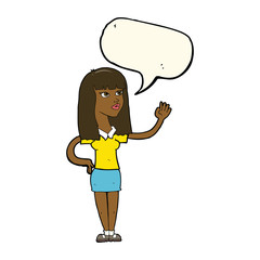 cartoon pretty woman waving with speech bubble