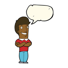 cartoon man with folded arms grinning with speech bubble