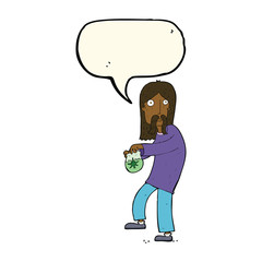 cartoon hippie man with bag of weed with speech bubble