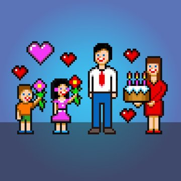 Daddy celebration - cake and flowers pixel art style vector illustration