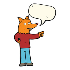 cartoon fox man pointing with speech bubble