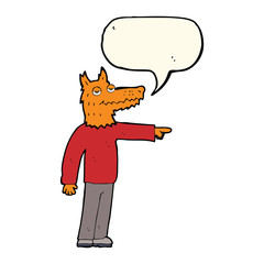 cartoon fox man pointing with speech bubble