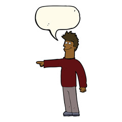 cartoon happy pointing man with speech bubble