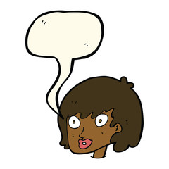 cartoon happy female face with speech bubble